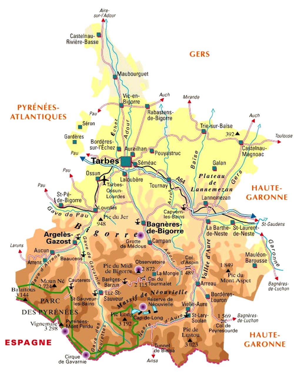 Carte touristique des Hautes Pyrénées,